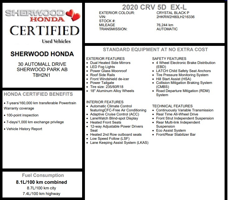 2020 Honda CR-V EX-L AWD | HEATED STEER | REMOTE START | LEATHER