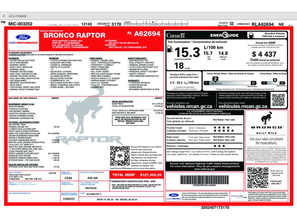 2024 Ford Bronco Raptor, Toronto, Cash