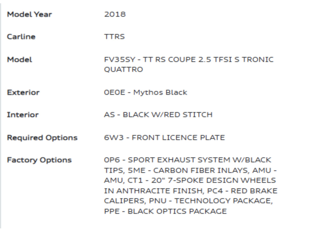 2018 Audi TT RS 2.5T, 多伦多, 全款车