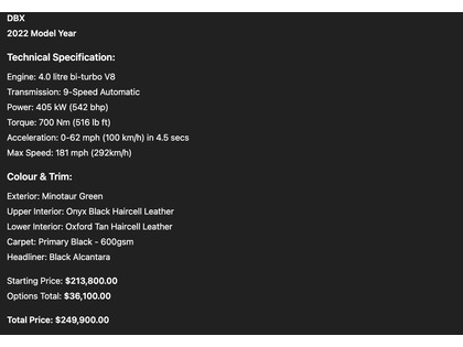 used 2022 Aston Martin DBX car, priced at $139,900