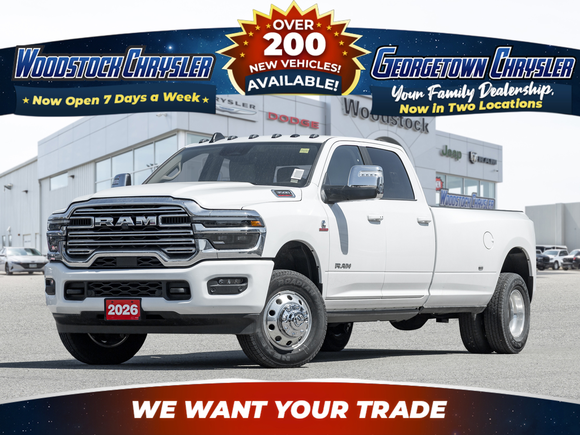 White 2026 RAM 3500 Laramie Crew Cab LB DRW 4WD Pickup Truck Four-Wheel Drive Automatic